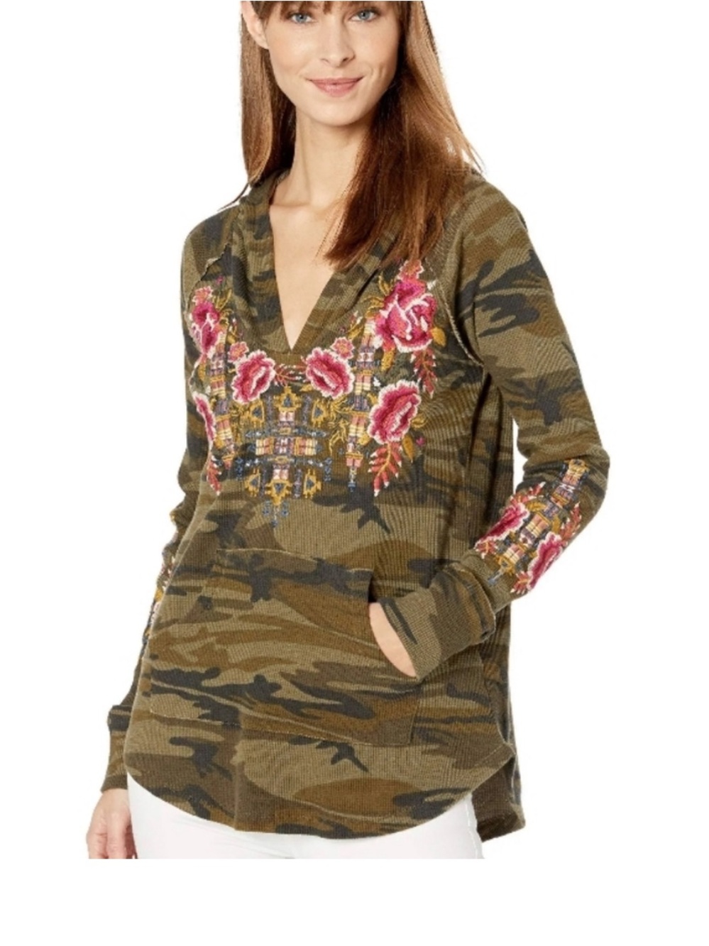 Johnny Was Axton Thermal Olive Camo Hooded Top with Pink Floral Embroidery